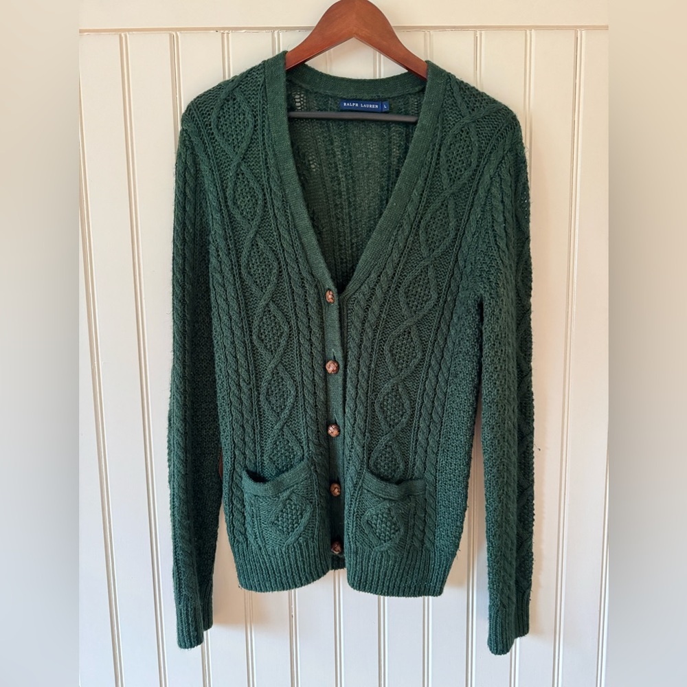 Vintage Ralph Lauren Green Cardigan in Alpaca Wool blend and goat suede